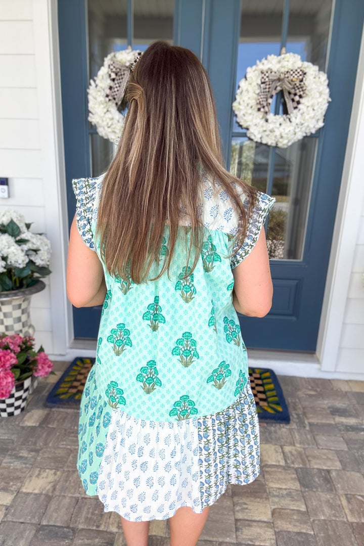 THML: Birdie Garden Patchwork Dress – Mint Multi