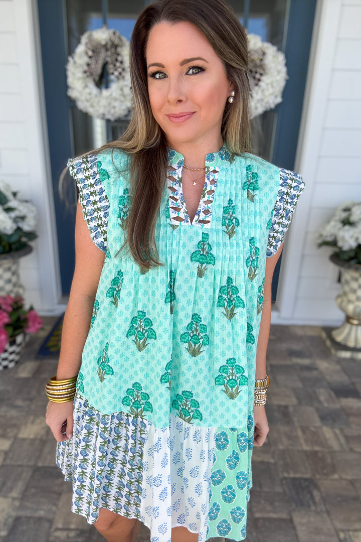 THML: Birdie Garden Patchwork Dress – Mint Multi