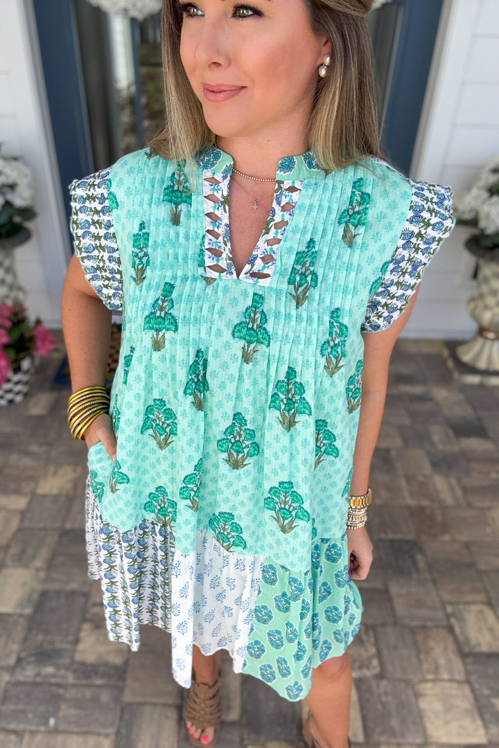 THML: Birdie Garden Patchwork Dress – Mint Multi