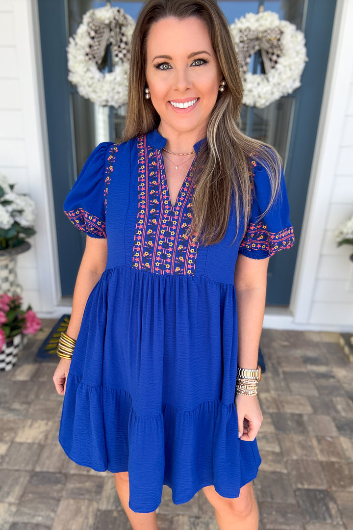Fairway Embroidered Puff Sleeve Dress – Royal Blue