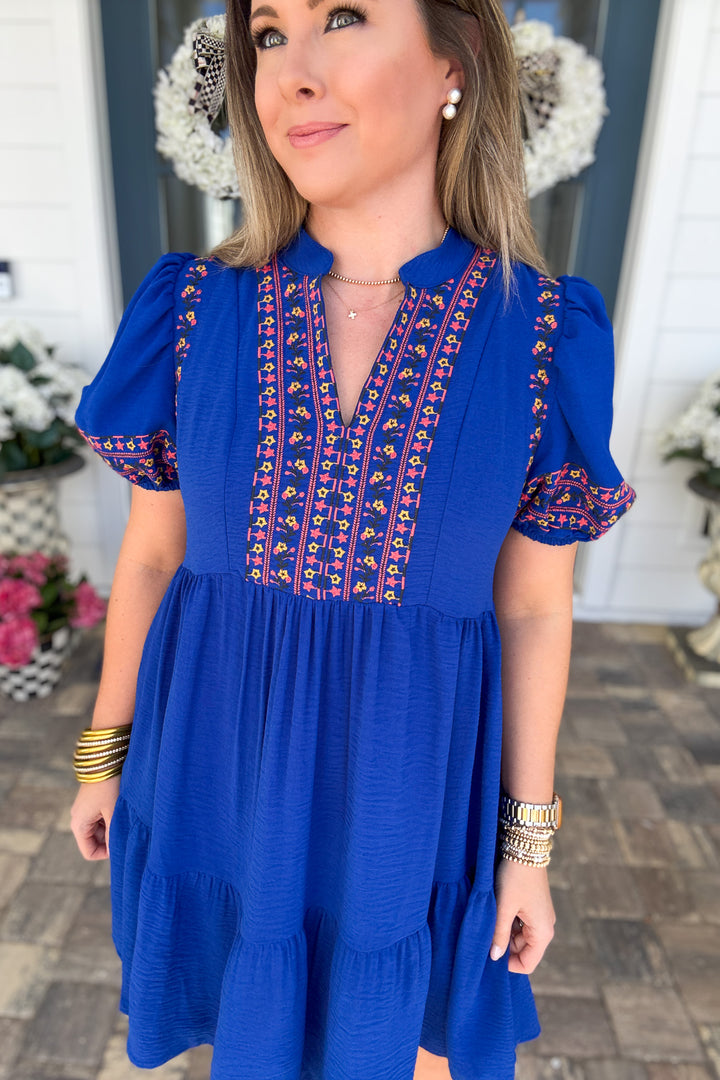 Fairway Embroidered Puff Sleeve Dress – Royal Blue