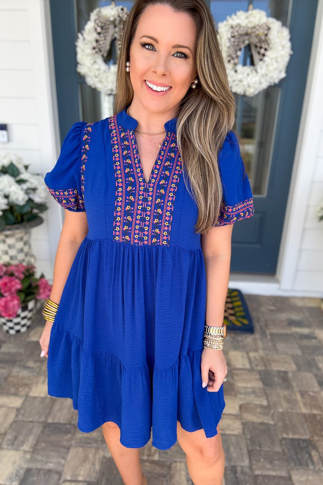 Fairway Embroidered Puff Sleeve Dress – Royal Blue