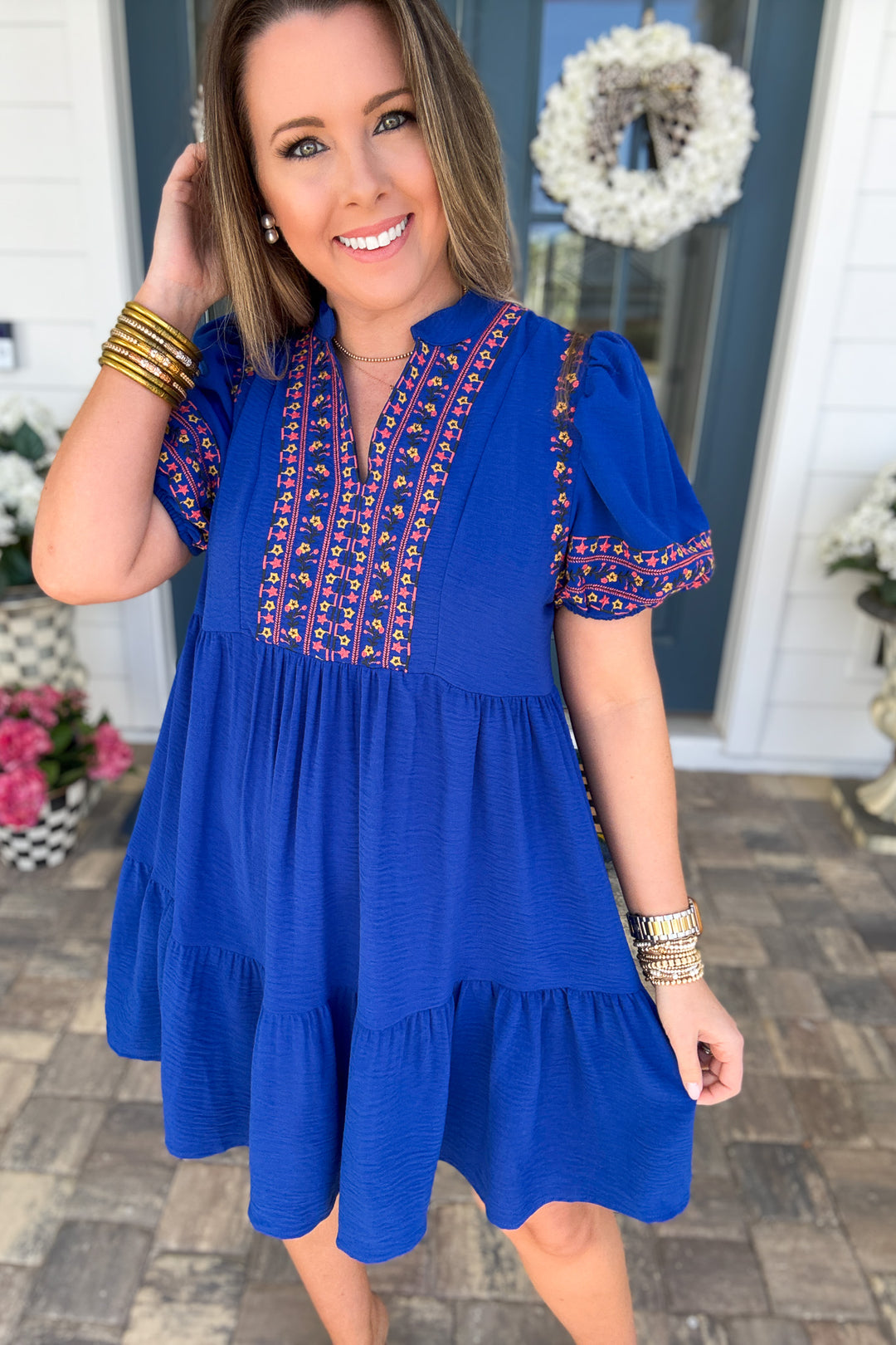 Fairway Embroidered Puff Sleeve Dress – Royal Blue