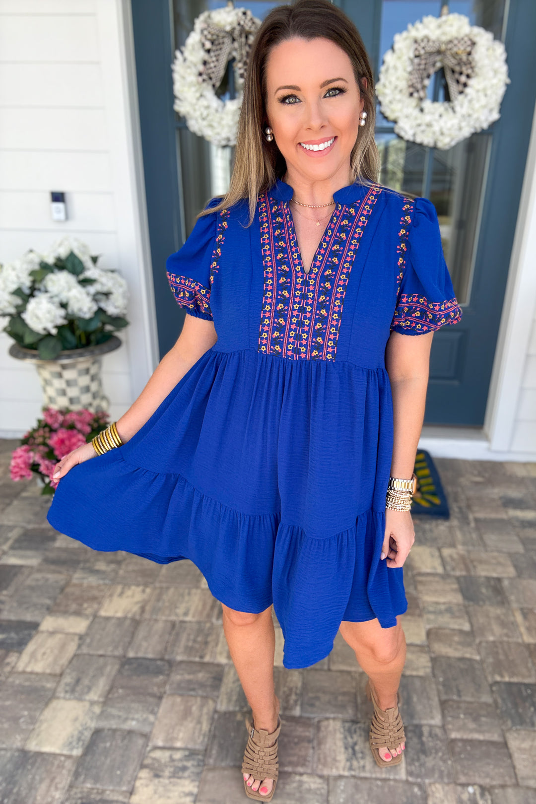 Fairway Embroidered Puff Sleeve Dress – Royal Blue