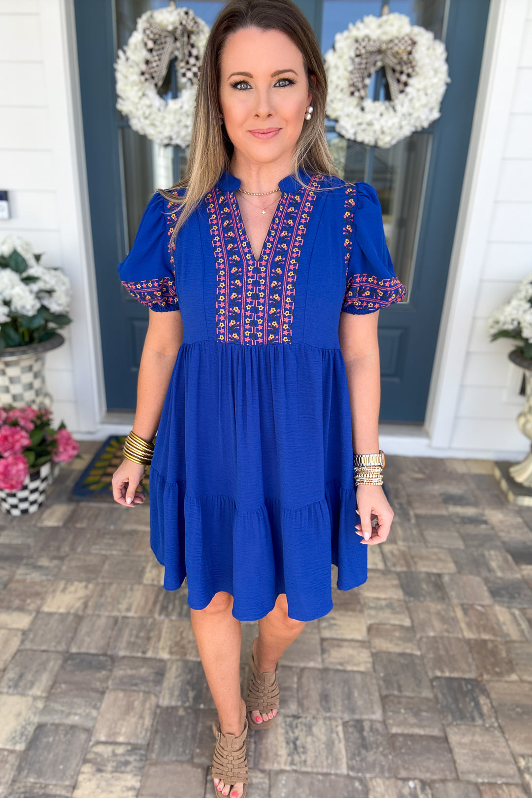 Fairway Embroidered Puff Sleeve Dress – Royal Blue