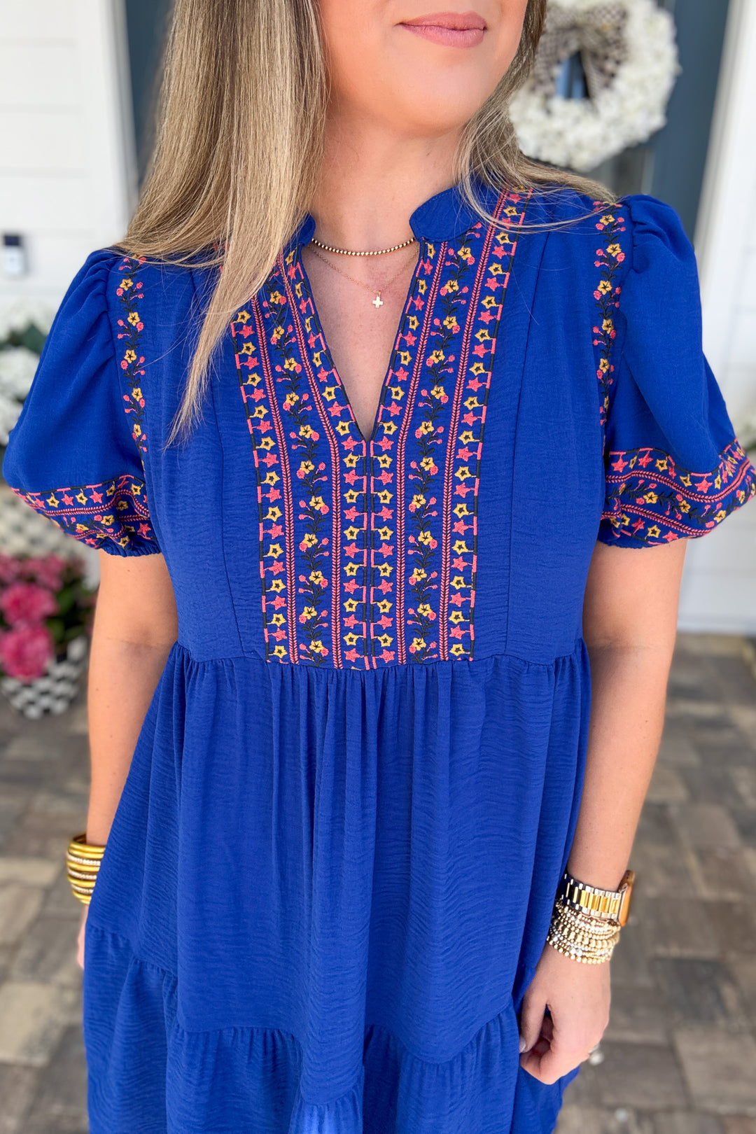 Fairway Embroidered Puff Sleeve Dress – Royal Blue