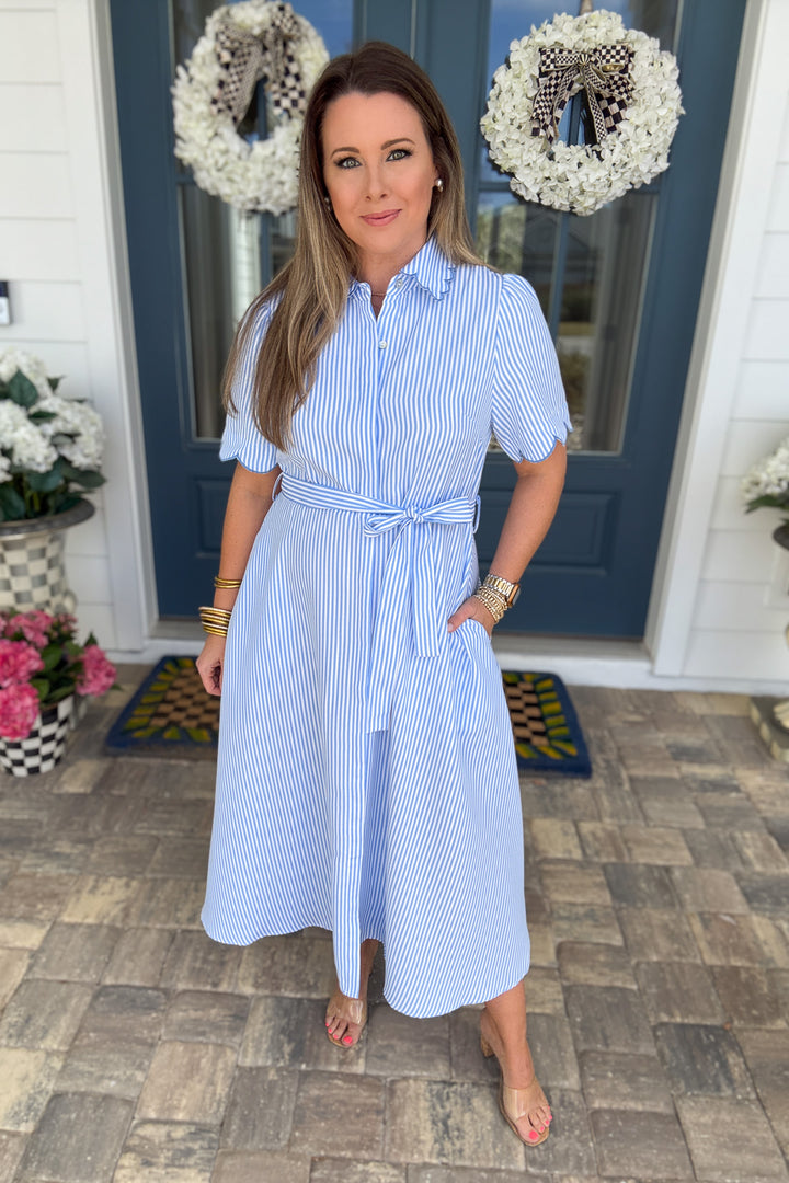 The Blue Birdie Embroidered Scallop Midi Dress