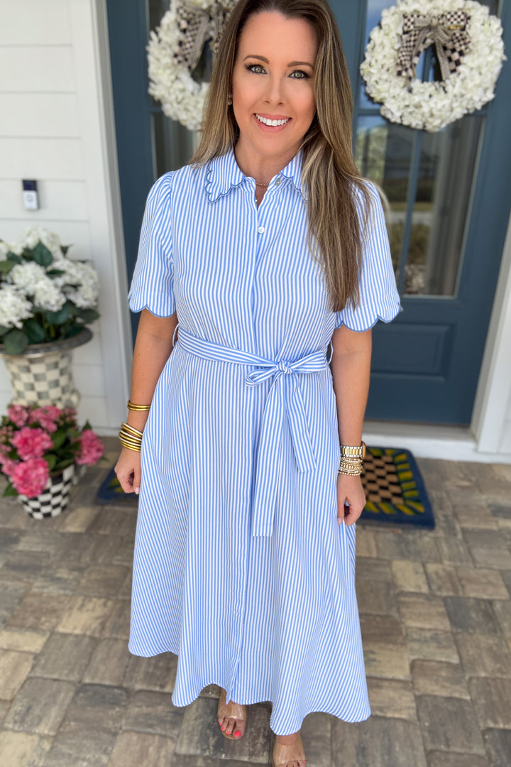 The Blue Birdie Embroidered Scallop Midi Dress