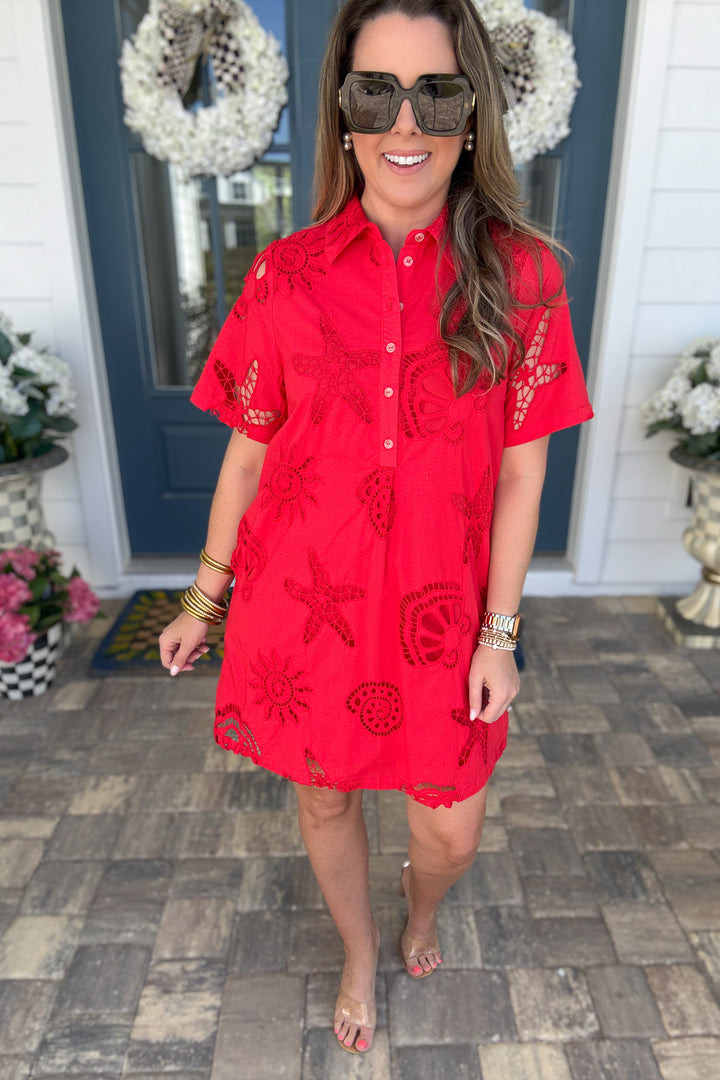 Coastal Eyelet Summer Dress - Tomato Red