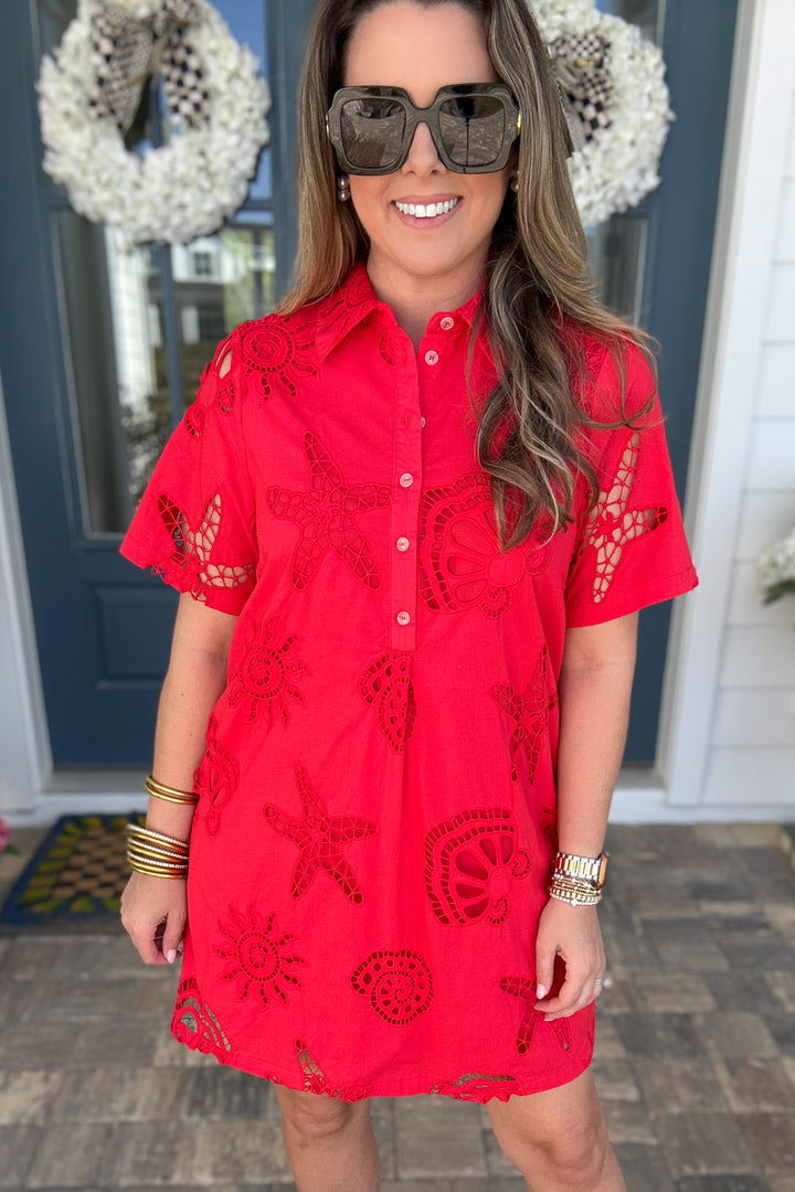 Coastal Eyelet Summer Dress - Tomato Red