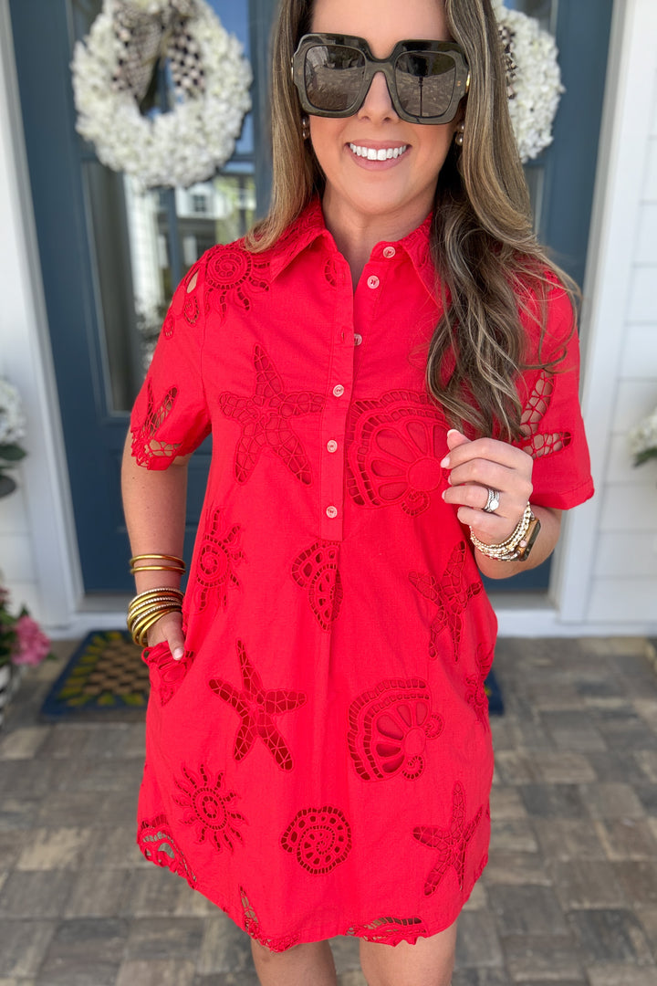 Coastal Eyelet Summer Dress - Tomato Red
