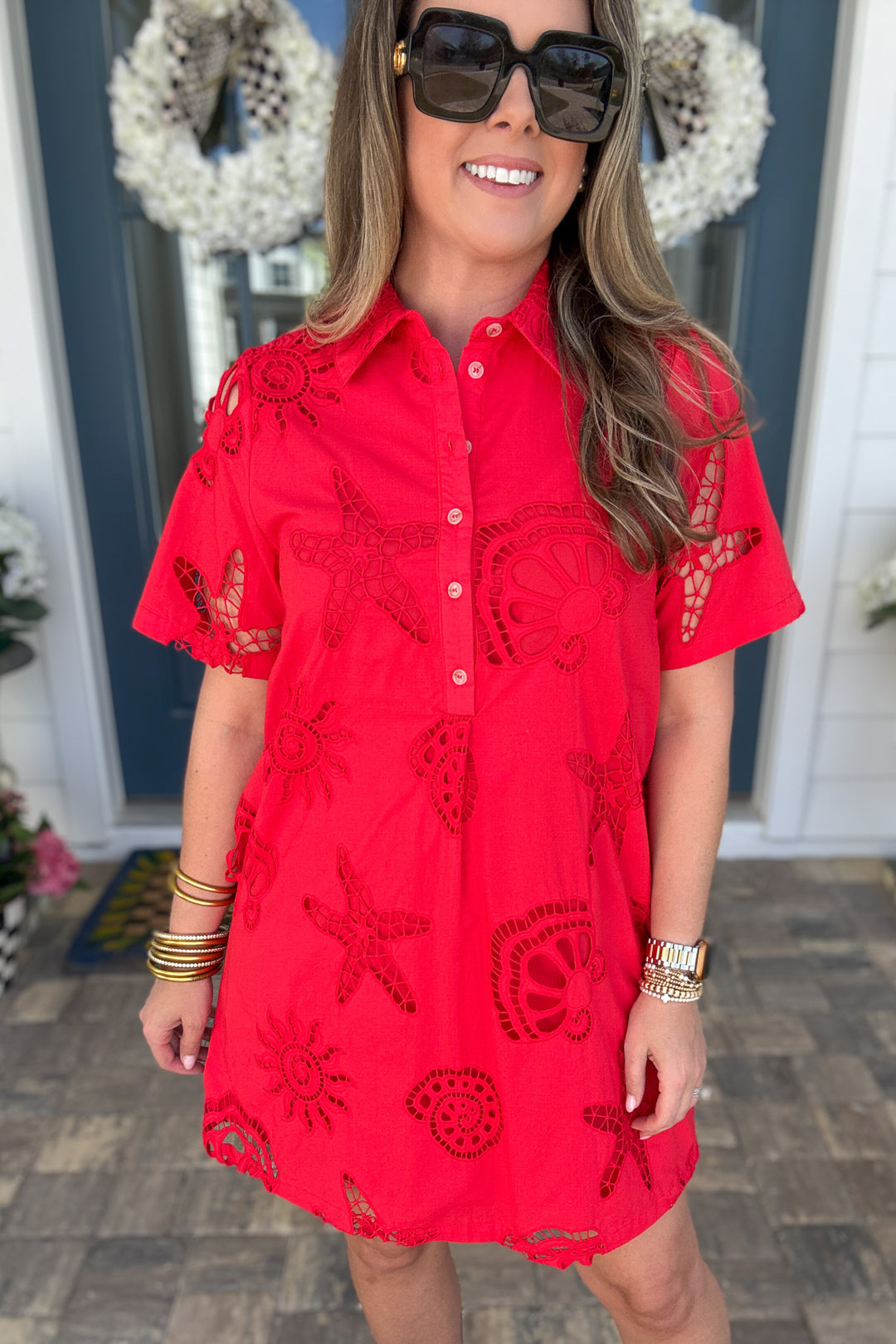 Coastal Eyelet Summer Dress - Tomato Red