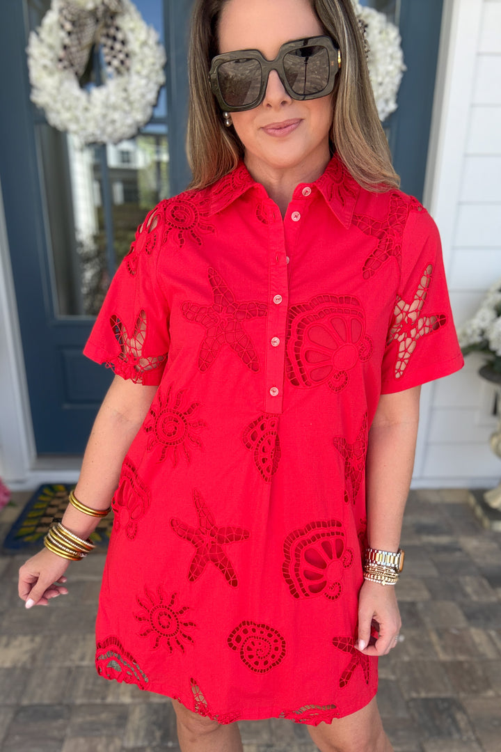 Coastal Eyelet Summer Dress - Tomato Red