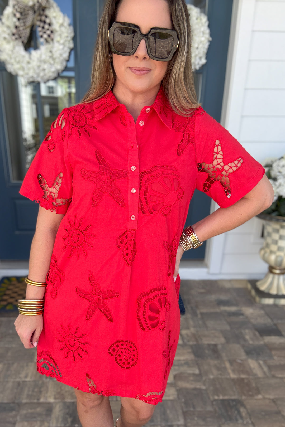 Coastal Eyelet Summer Dress - Tomato Red