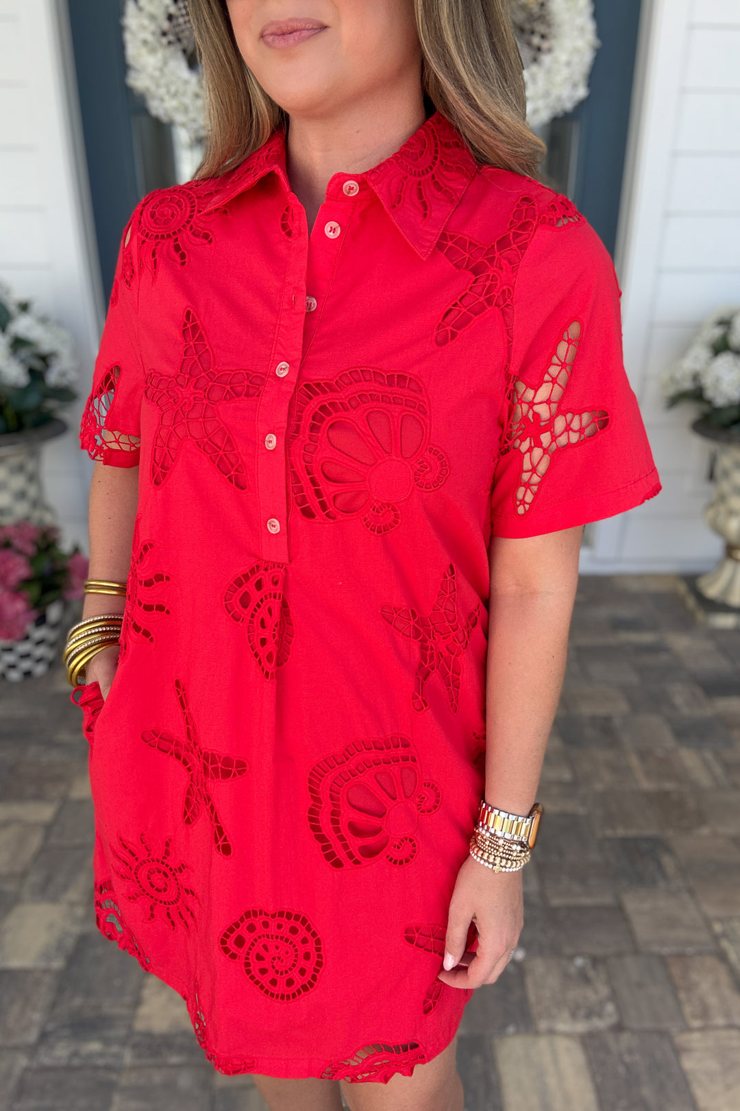 Coastal Eyelet Summer Dress - Tomato Red