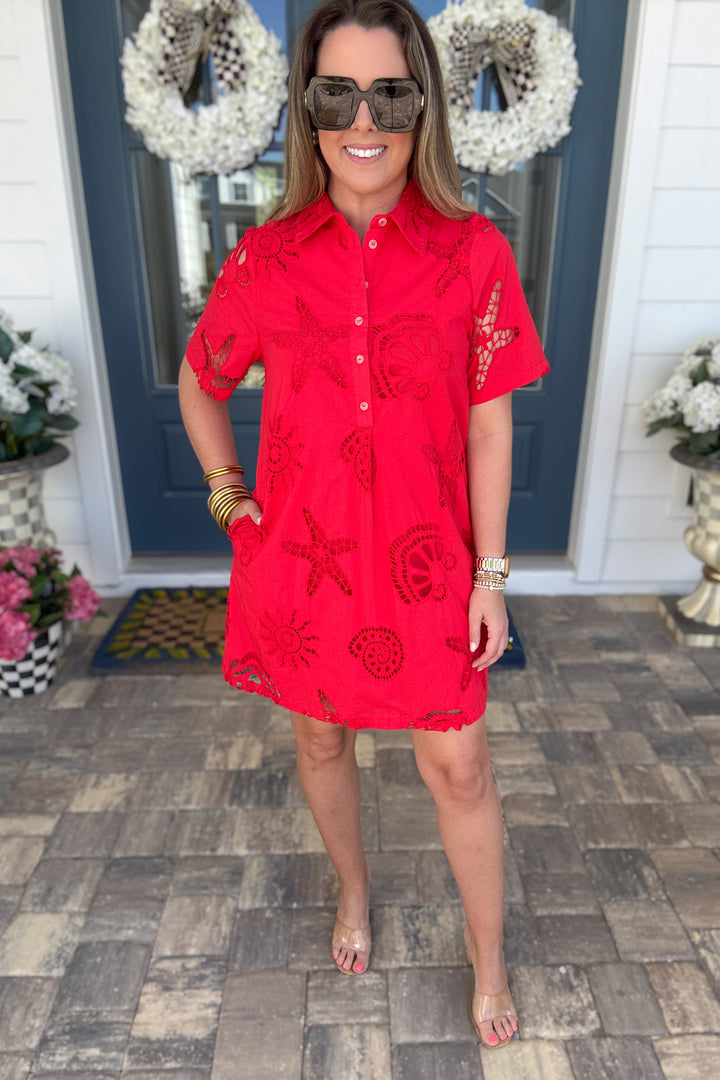 Coastal Eyelet Summer Dress - Tomato Red