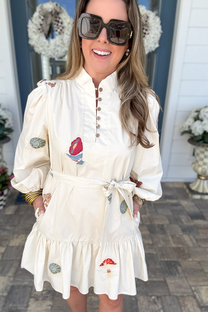 Ciebon: Enchanted Tie Embroidered Dress - Cream