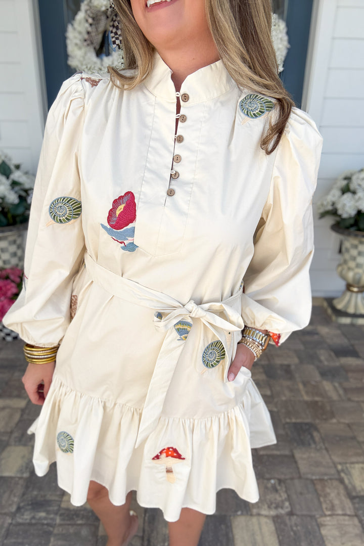 Ciebon: Enchanted Tie Embroidered Dress - Cream