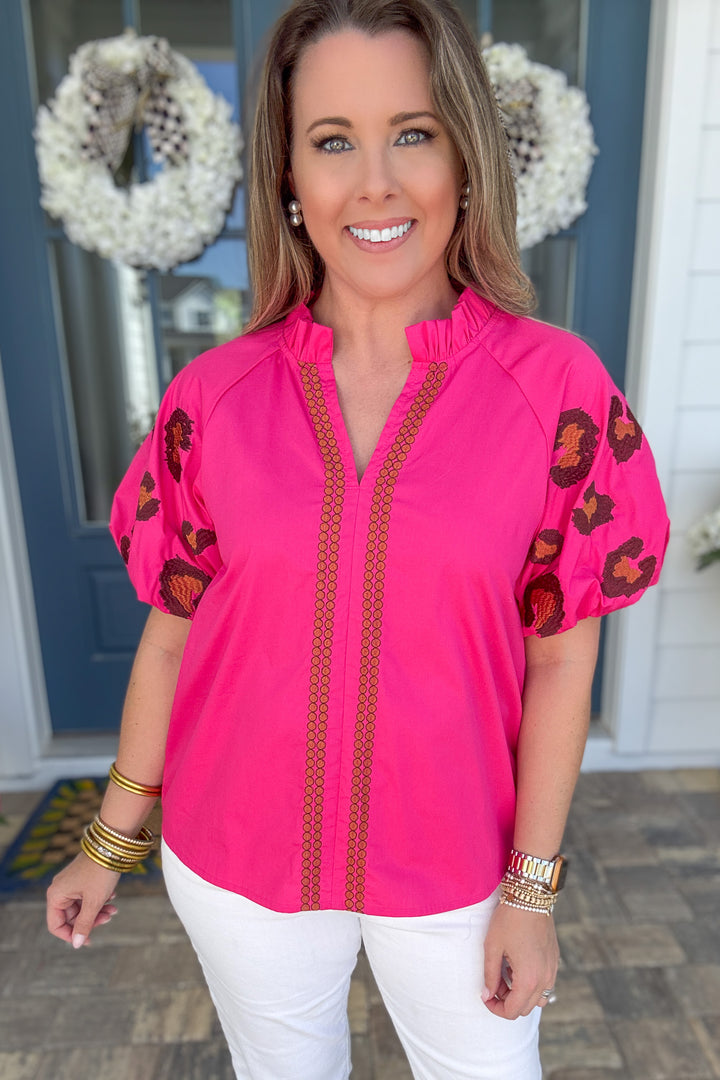 Poppy Pink Leopard Embroidered Blouse