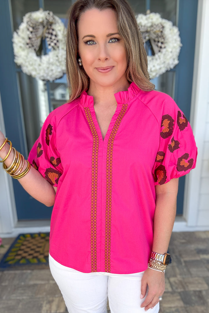 Poppy Pink Leopard Embroidered Blouse