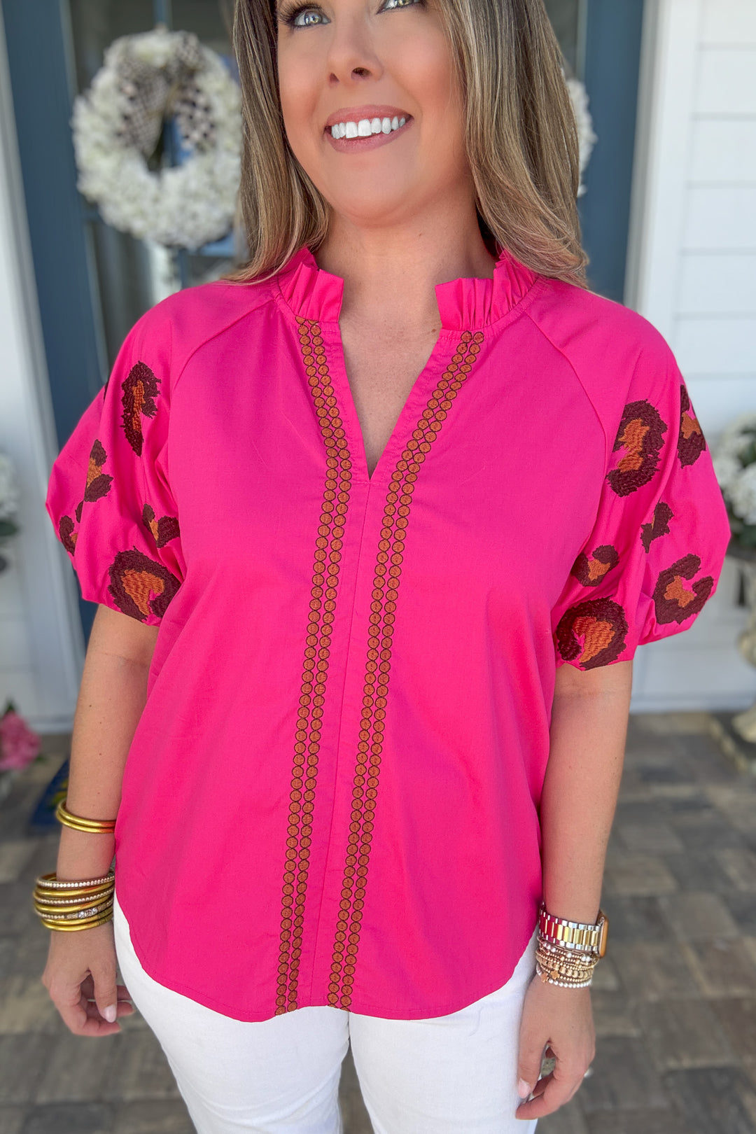 Poppy Pink Leopard Embroidered Blouse