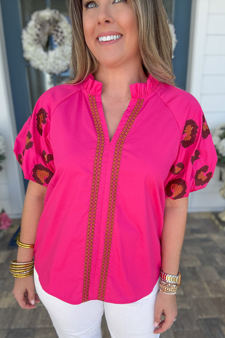 Poppy Pink Leopard Embroidered Blouse