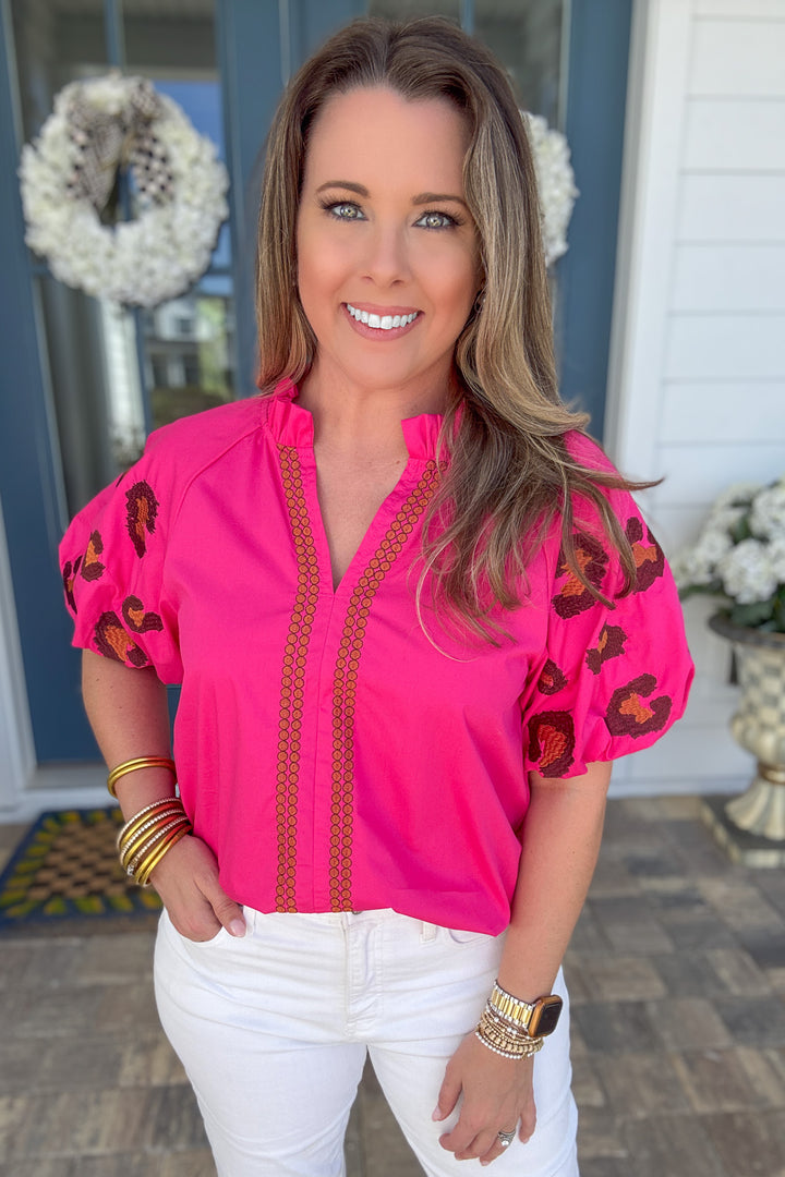 Poppy Pink Leopard Embroidered Blouse