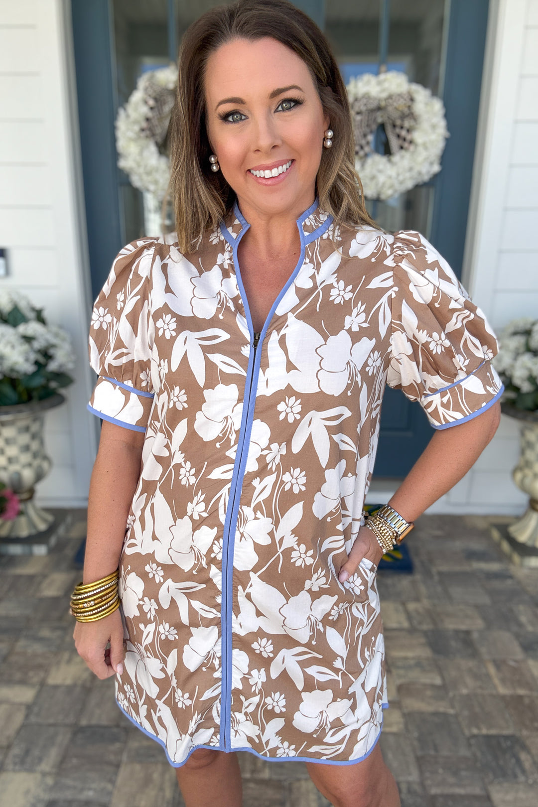 Mocha Bloom Zip Dress