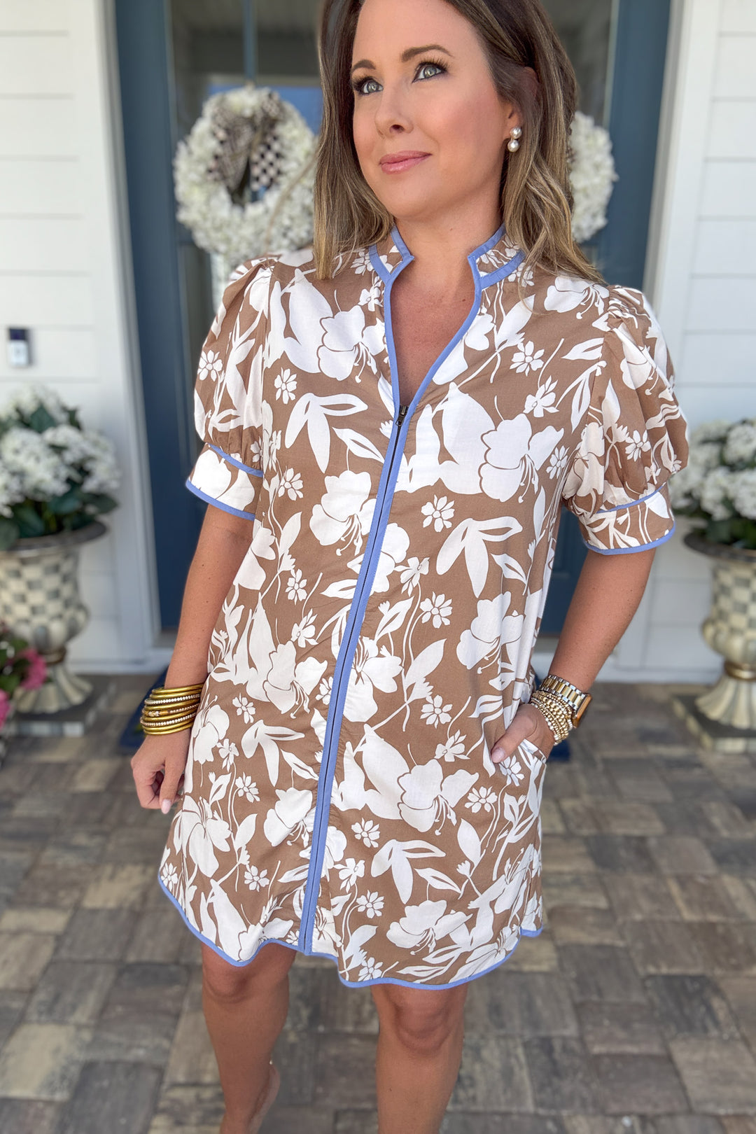 Mocha Bloom Zip Dress