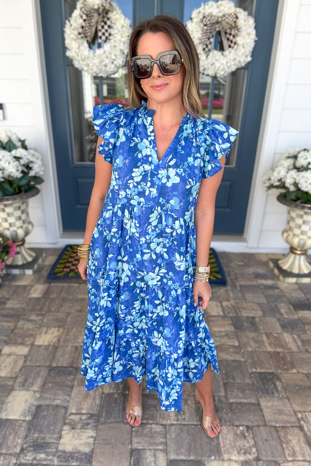 Blue Bloom Flutter Sleeve Midi Dress