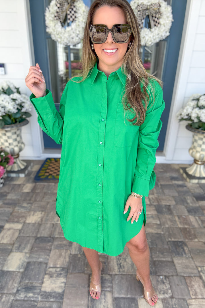 Preppy Classic Collard Shirt Dress - Kelly Green