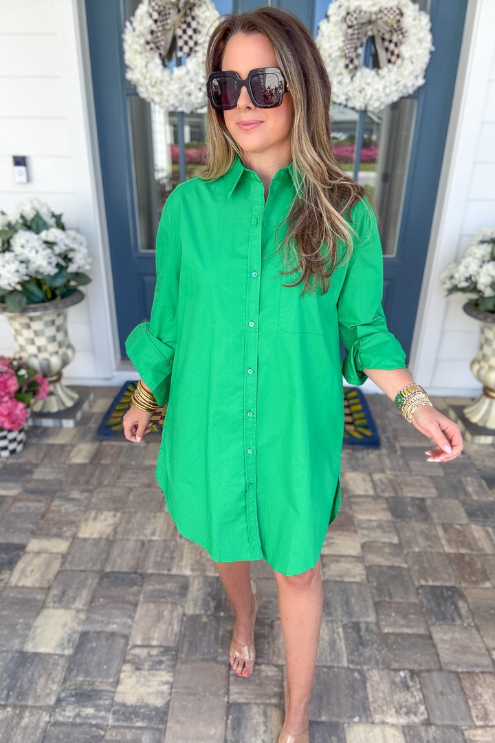 Preppy Classic Collard Shirt Dress - Kelly Green