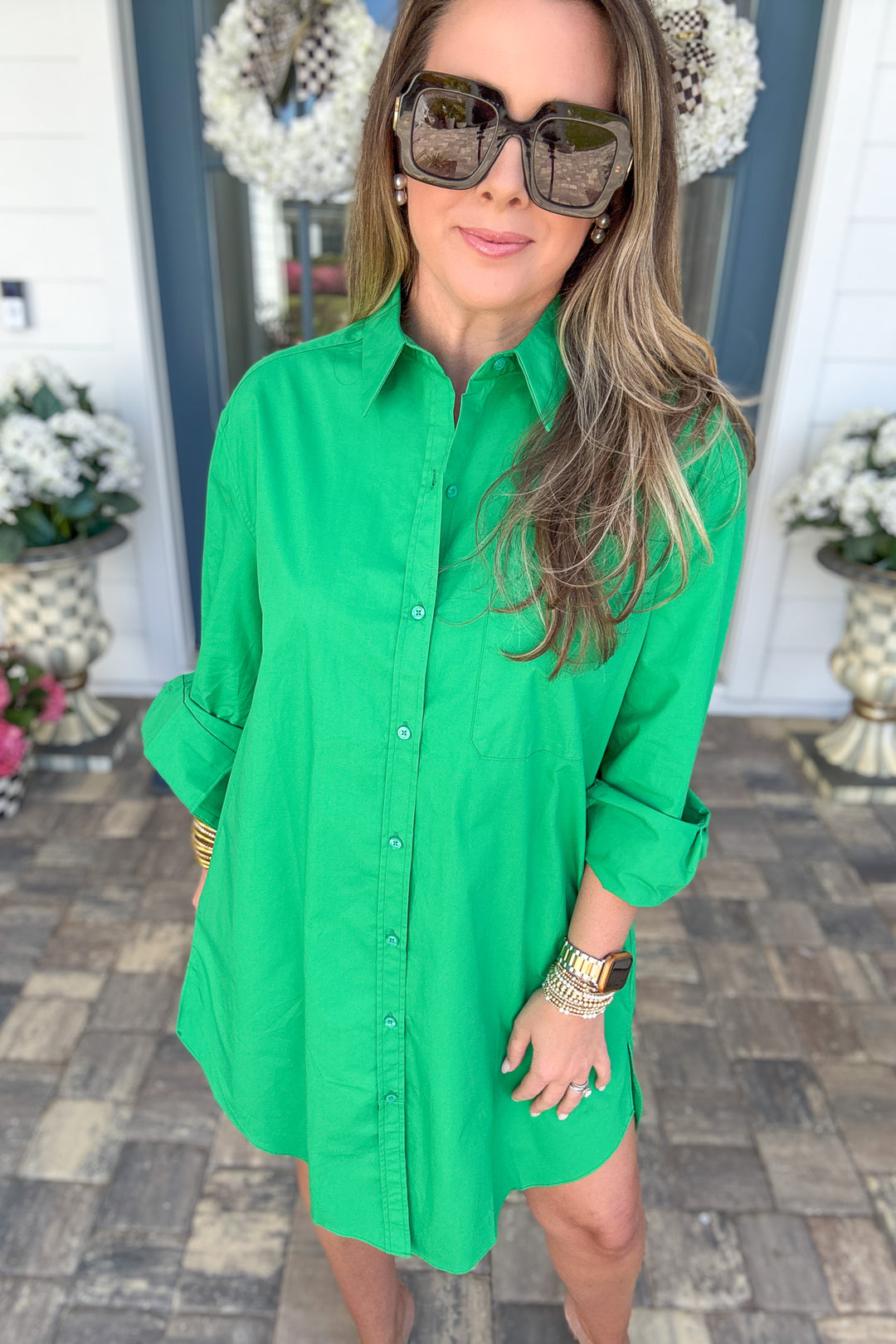 Preppy Classic Collard Shirt Dress - Kelly Green