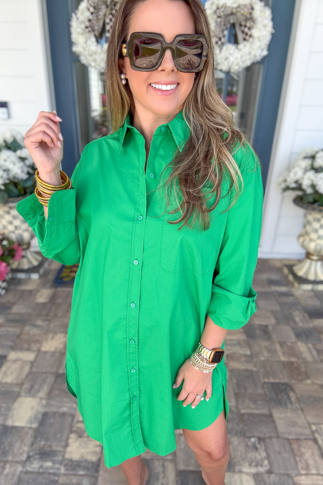 Preppy Classic Collard Shirt Dress - Kelly Green