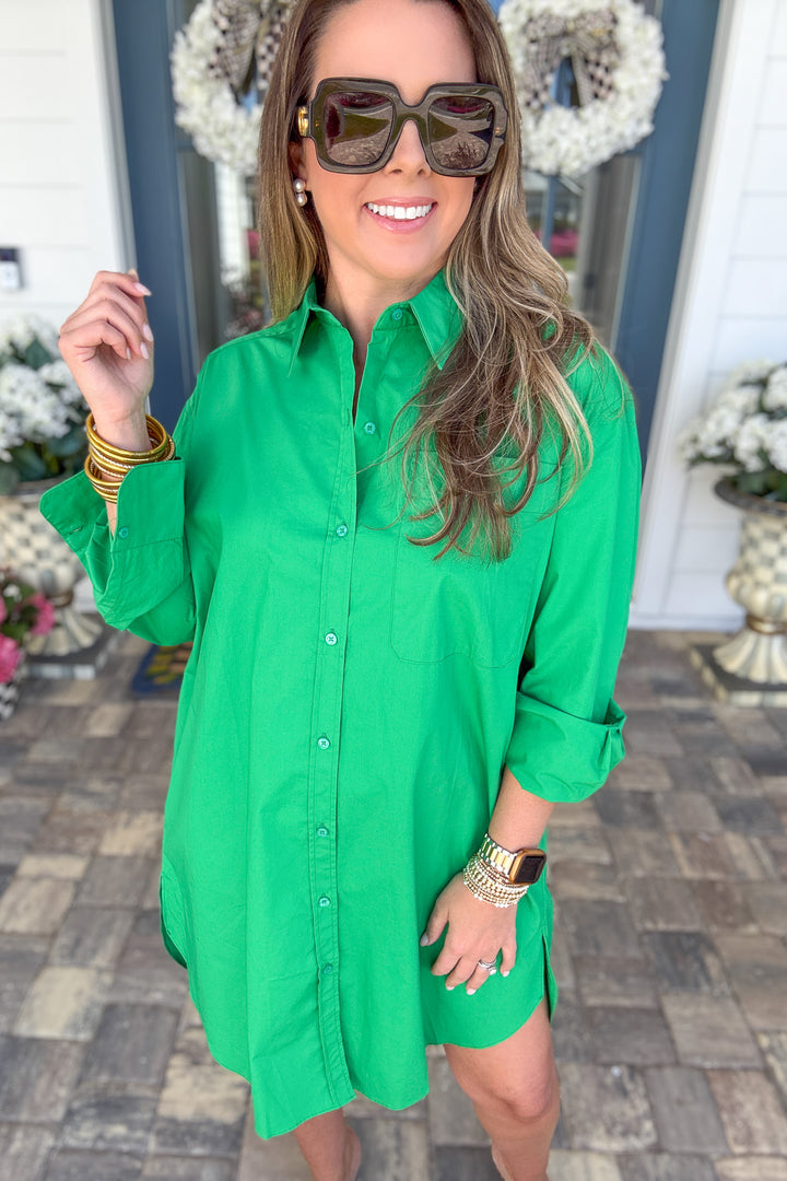 Preppy Classic Collard Shirt Dress - Kelly Green