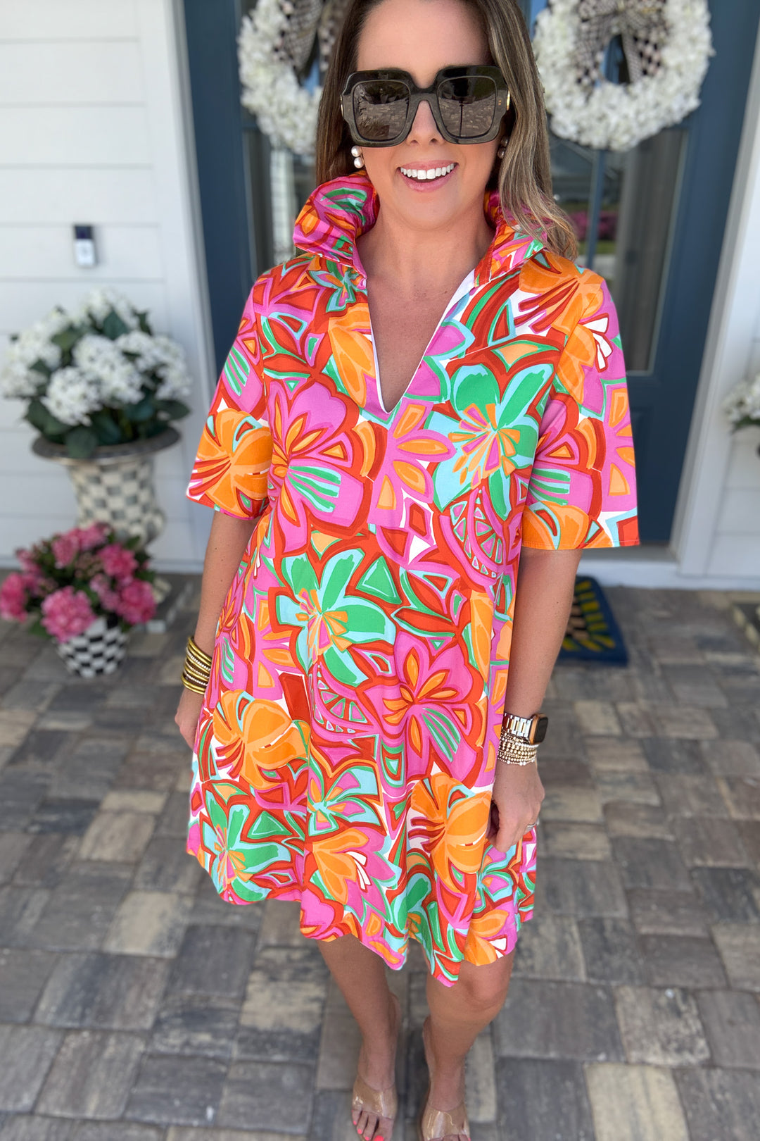 Oliva Ruffle Neck Shift Dress - Bloom Mirage