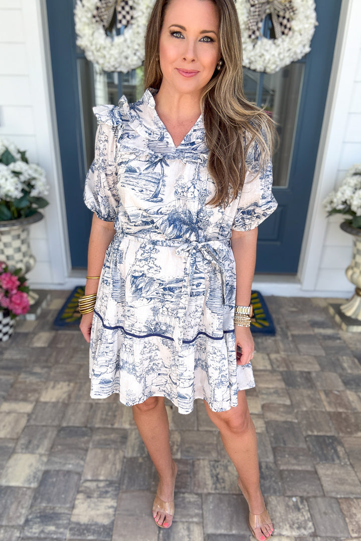 Seaside Toile Ruffle Dress - Navy