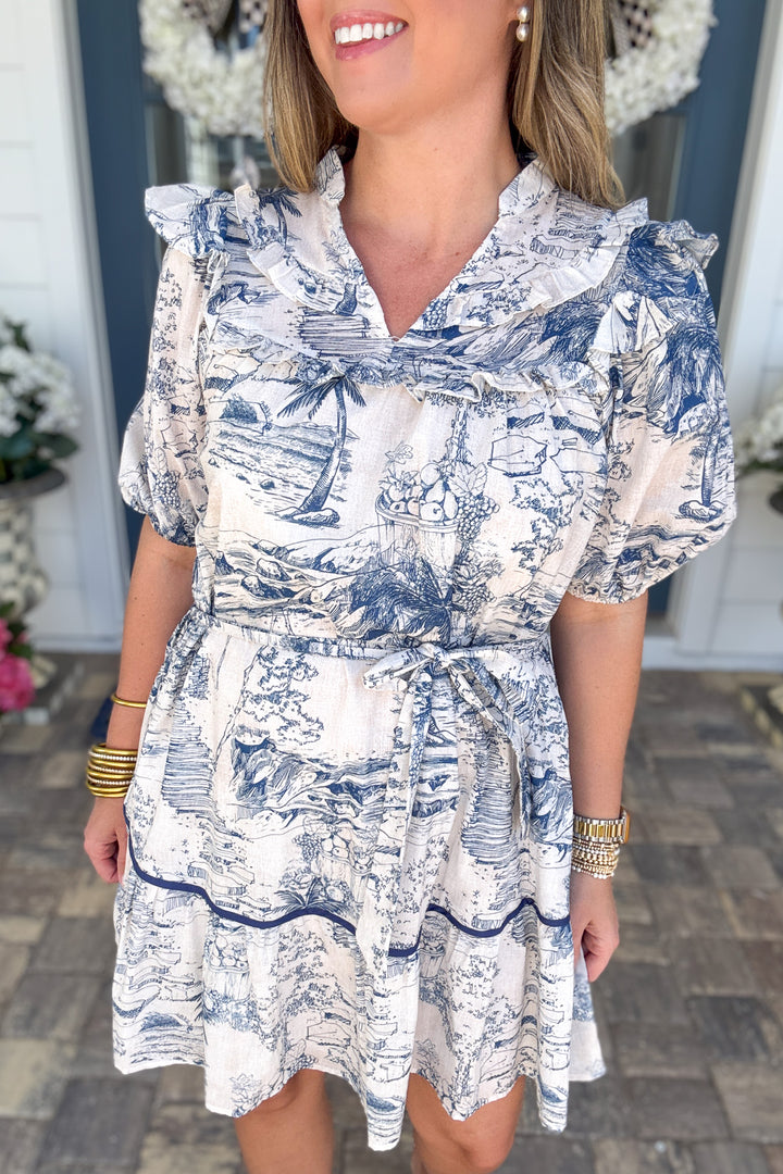 Seaside Toile Ruffle Dress - Navy
