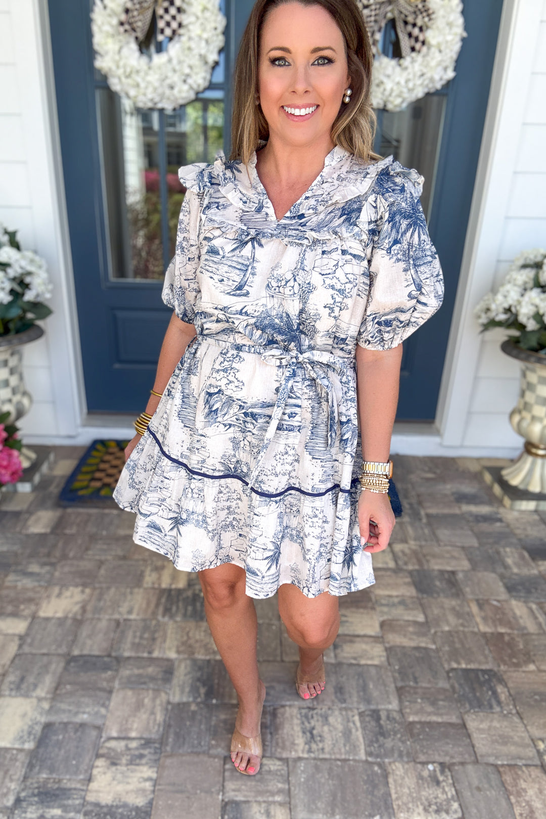 Seaside Toile Ruffle Dress - Navy