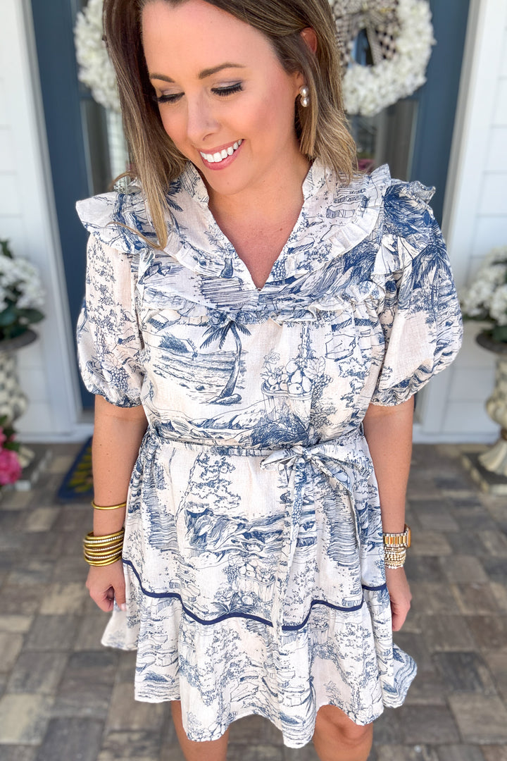 Seaside Toile Ruffle Dress - Navy