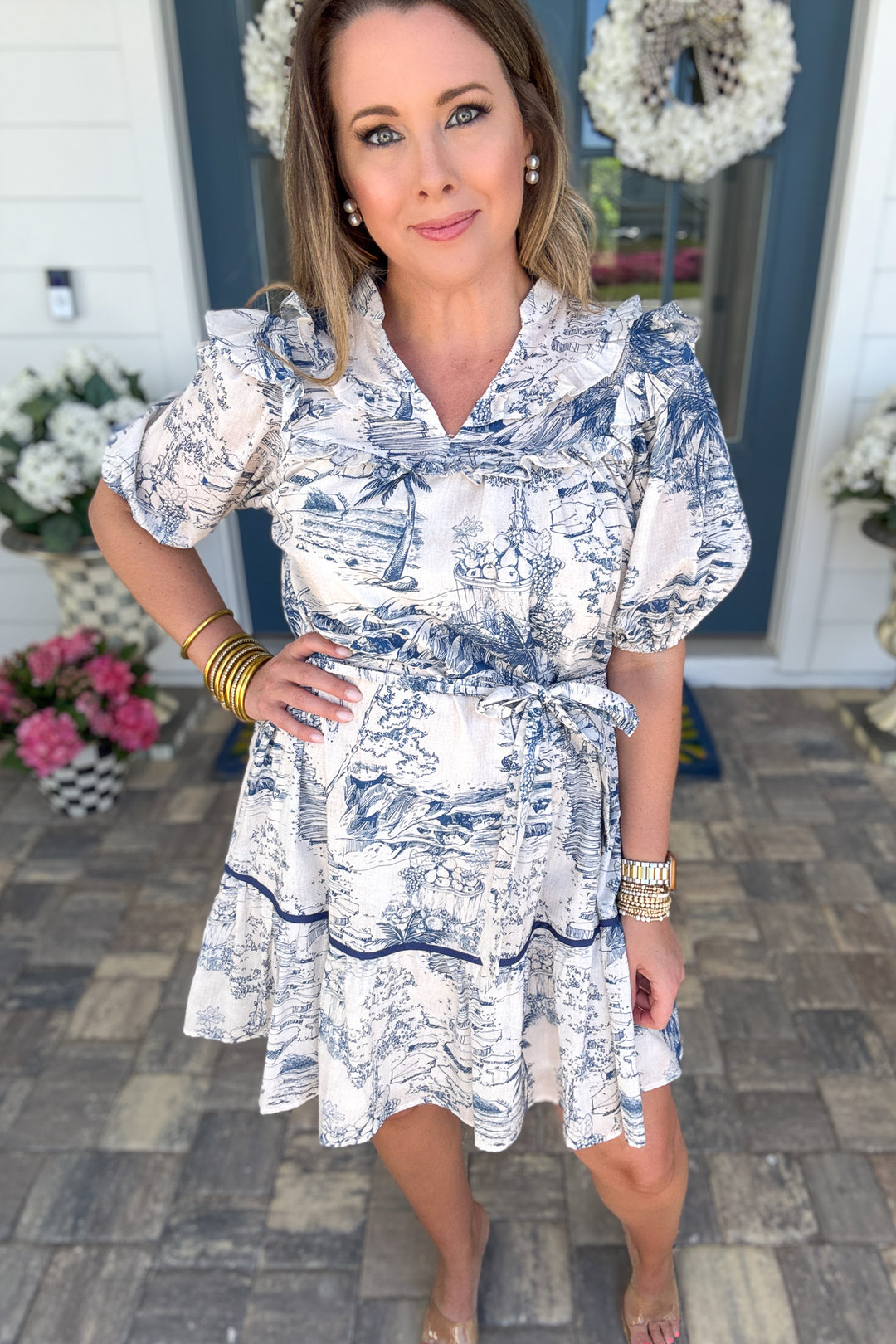 Seaside Toile Ruffle Dress - Navy