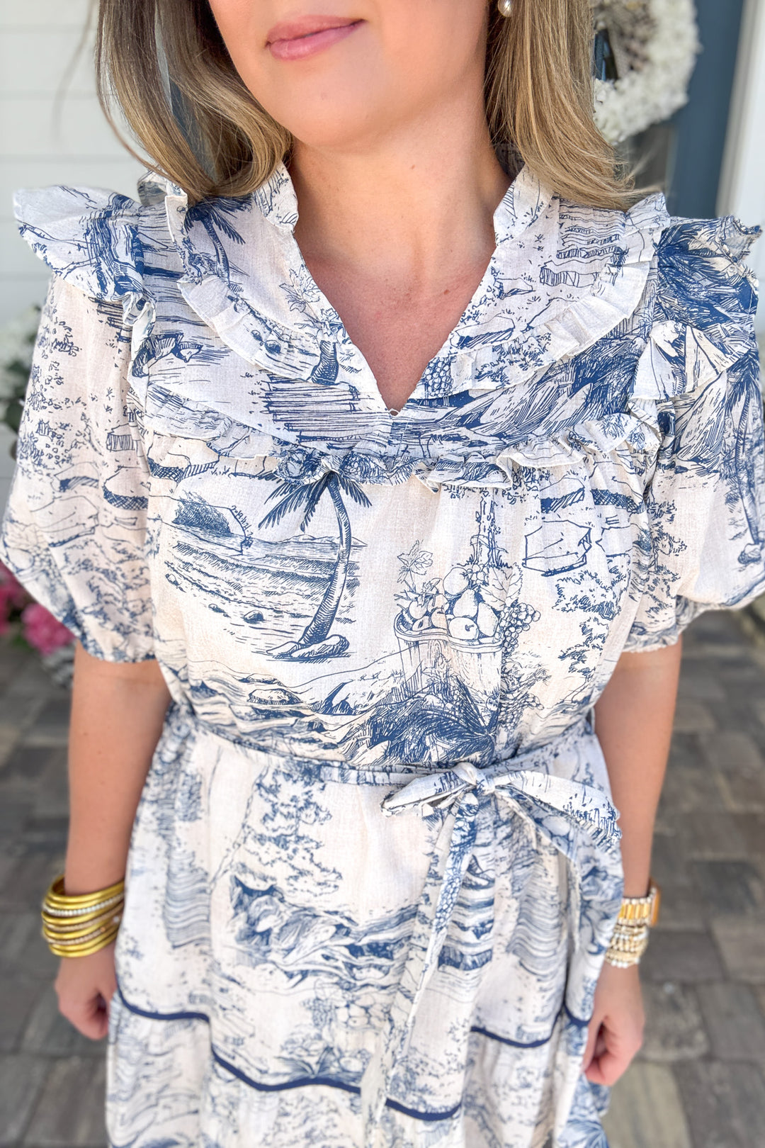Seaside Toile Ruffle Dress - Navy