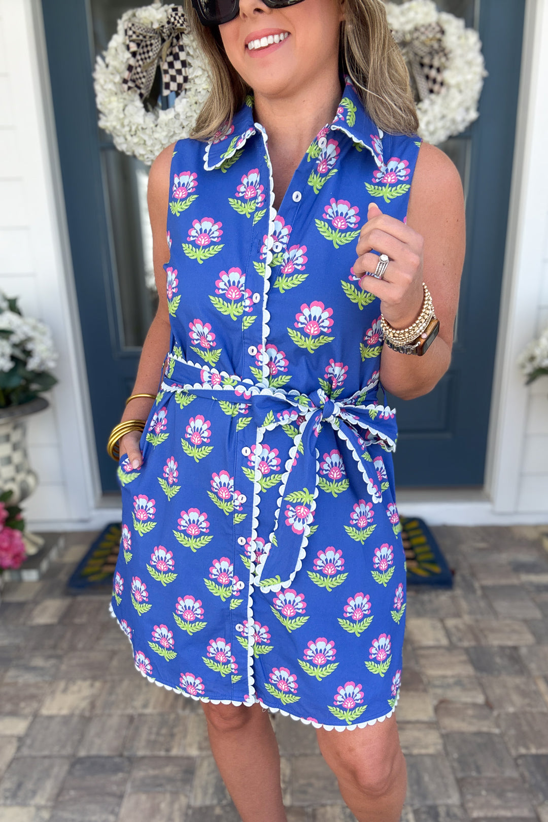 Ashley Floral Block Print Button Front Dress - Blue