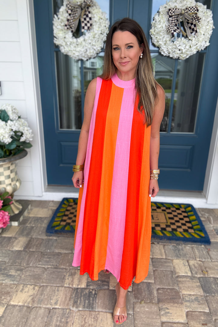 THML: Color Block Maxi Dream Dress - Pink + Orange