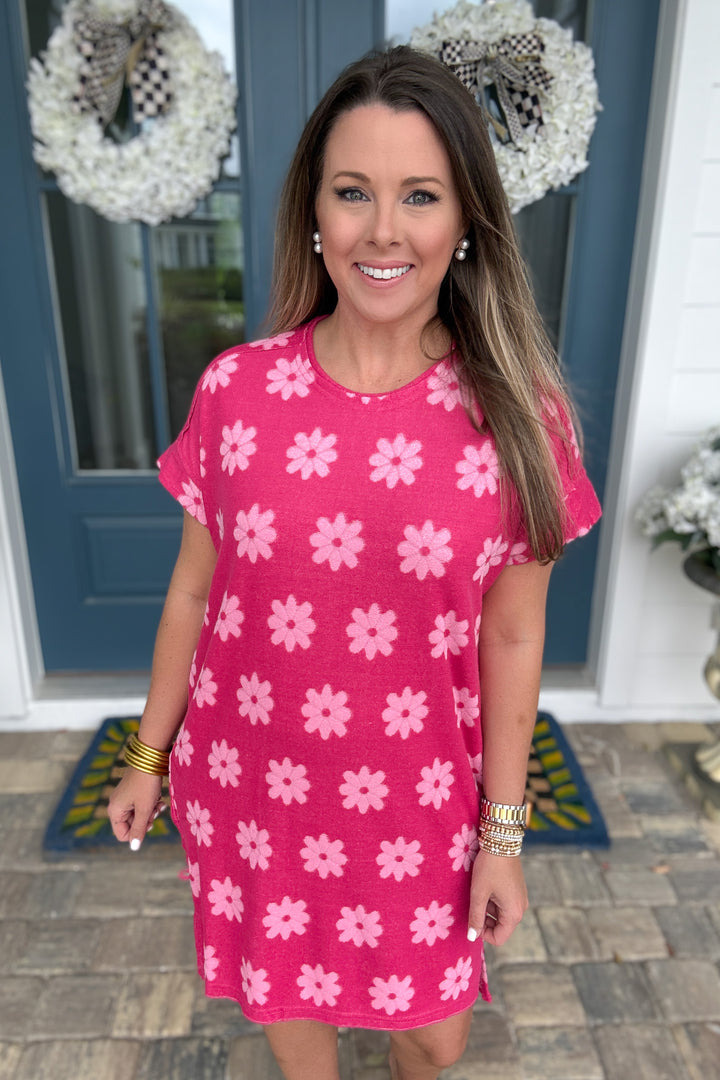 Floral Terry Cloth Dress - Hot Pink - B Social Boutique