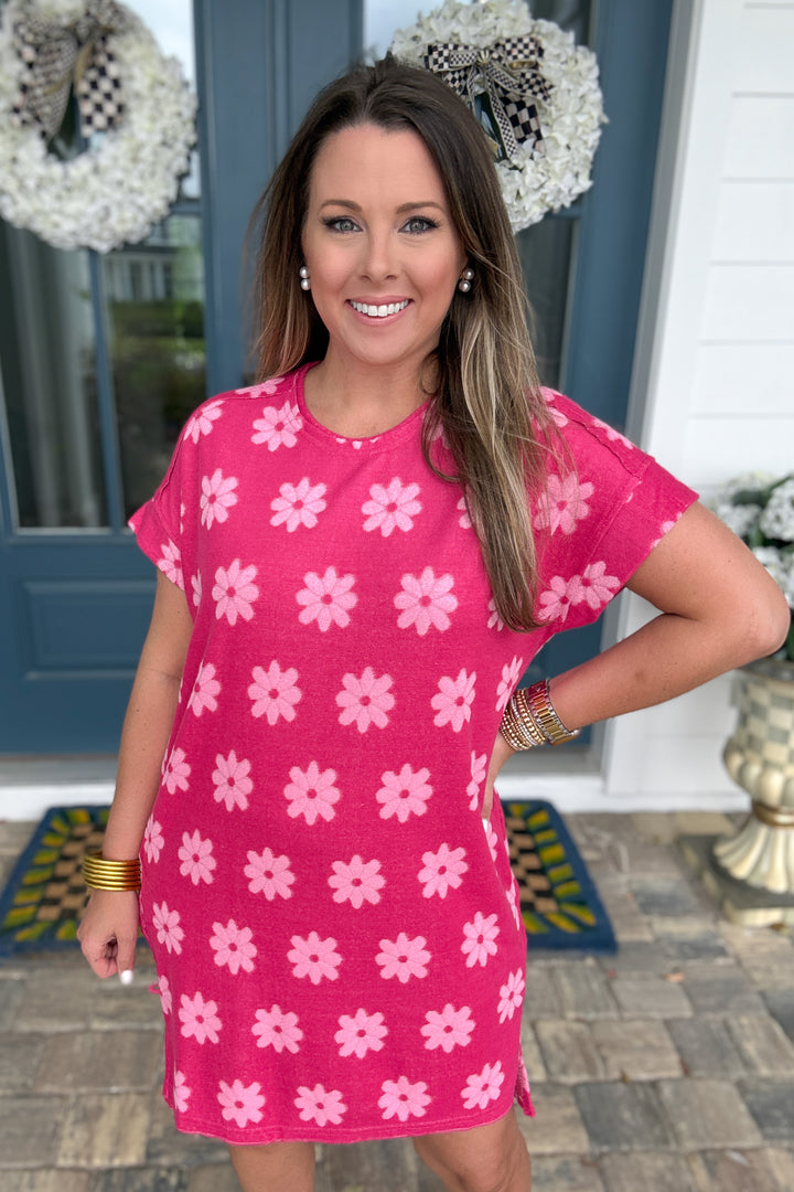 Floral Terry Cloth Dress - Hot Pink - B Social Boutique
