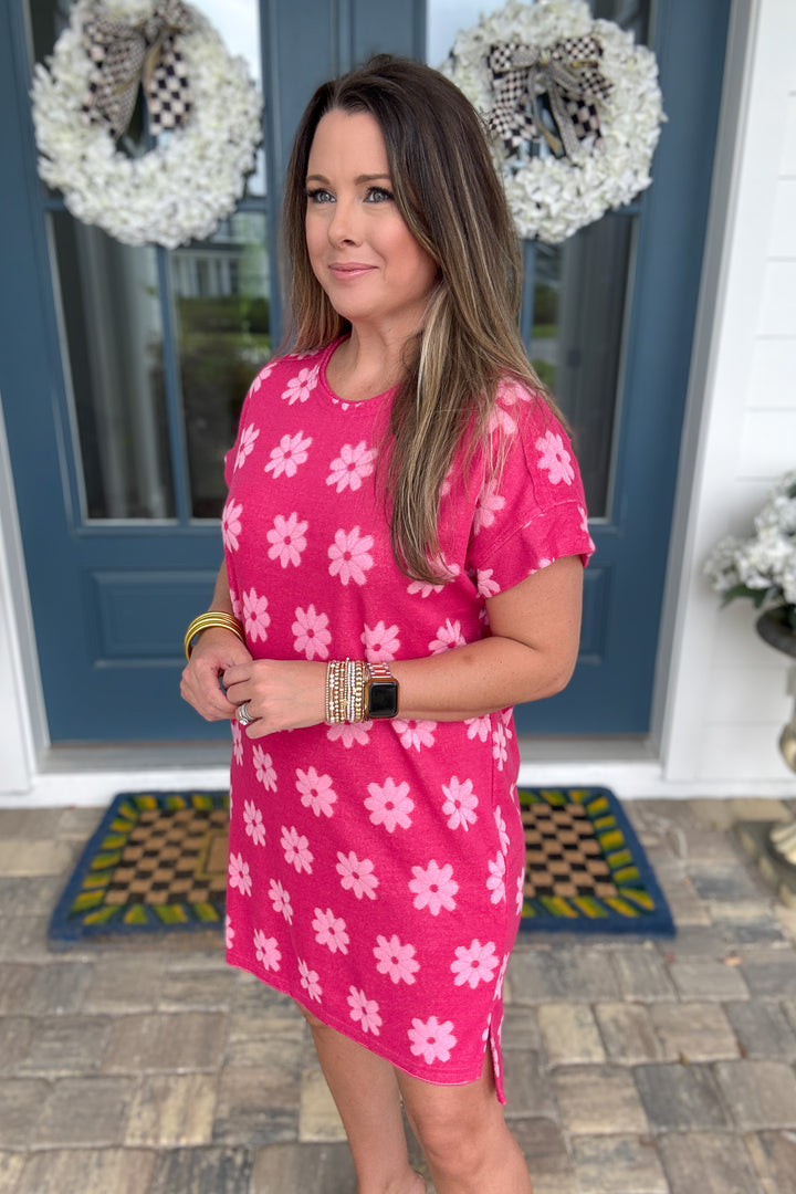 Floral Terry Cloth Dress - Hot Pink - B Social Boutique