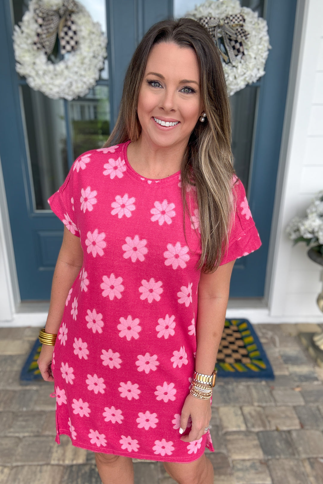 Floral Terry Cloth Dress - Hot Pink - B Social Boutique