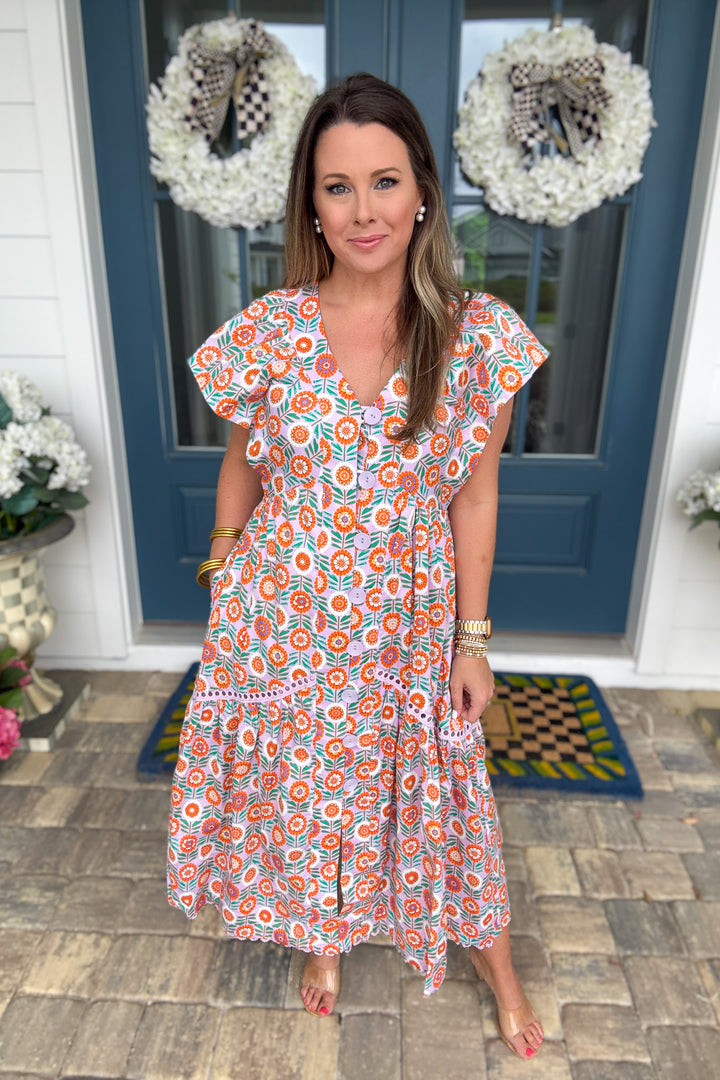 Karlie: Orange Grove Button Front Midi Dress - Lavender