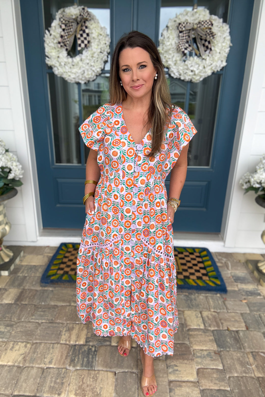 Karlie: Orange Grove Button Front Midi Dress - Lavender